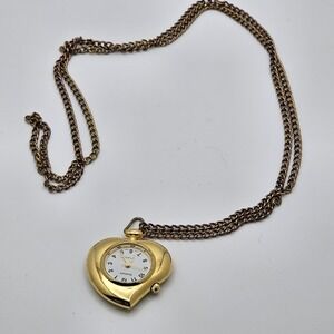 Rumour Heart Pendant Watch Necklace Womens Gold Tone White Dial